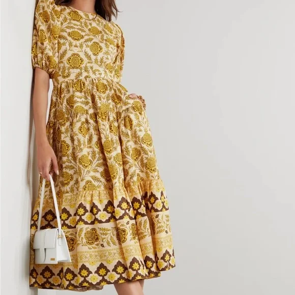 Rhode Linen Maryam Midi Dress - Gold - L